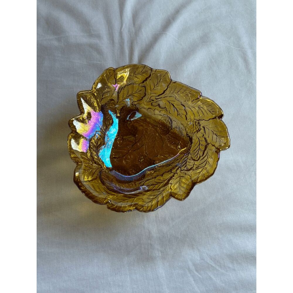 Vintage Iridescent Carnival Glass Candy Dish, Blackberry, Leaves, Marigold